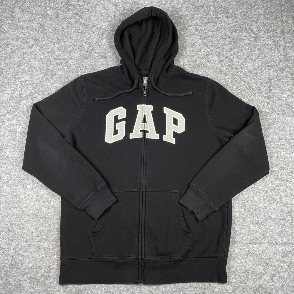 GAP Hoodie Mens L Tall Black Core Arch Applique Full Zip Fleece Sweatshirt
